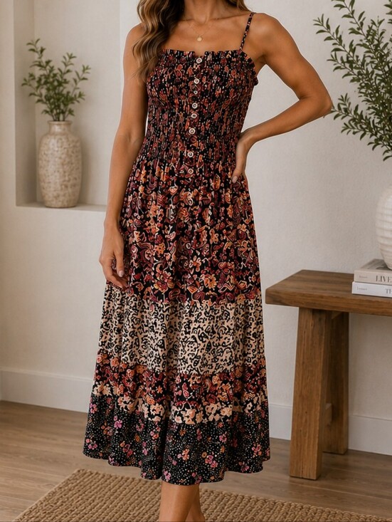 Angie Dresses & Skirts - Angie Boho Patchwork Midi Sundress Smocked Tiered Dress Size M